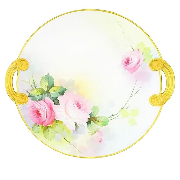 Hand Painted Nippon Porcelain Plate w/ Gold Handles – Pink Roses – 11” Vintage - Picture 7 of 7